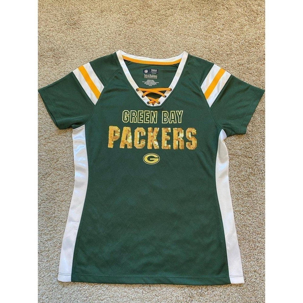 NFL Shirt Packers Green Bay Women Medium V Neck 1st Lace Up Collection Football